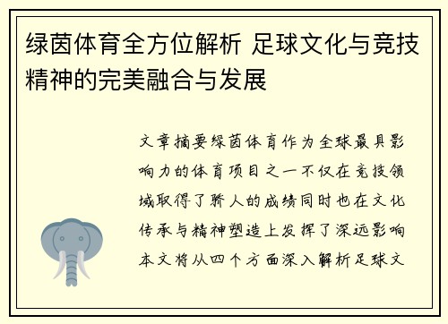 绿茵体育全方位解析 足球文化与竞技精神的完美融合与发展